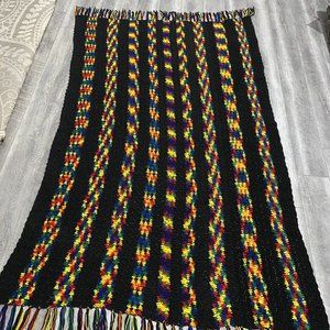 Handmade Crotched Afghan Lap Blanket Throw Rainbow Colors 55x85 Black Large